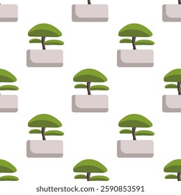 Seamless pattern with bonsai tree in pot on white background, minimalistic vector illustration