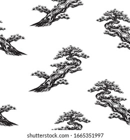  Seamless pattern with Bonsai tree. Sketch Japanese pine. Hand-drawn pine tree on a white background. Isolated Japanese spruce. Stock vector illustration.