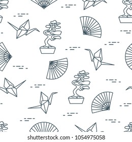 Seamless pattern with bonsai trees, origami paper cranes, fans. Travel and leisure. Japan traditional design elements.