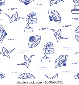 Seamless pattern with bonsai trees, origami paper cranes, fans. Travel and leisure. Japan traditional design elements.