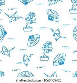 Seamless pattern with bonsai trees, origami paper cranes, fans. Travel and leisure. Japan traditional design elements.