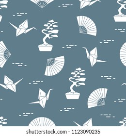 Seamless pattern with bonsai trees, origami paper cranes, fans. Travel and leisure. Japan traditional design elements.