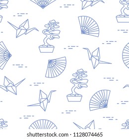 Seamless pattern with bonsai trees, origami paper cranes, fans. Travel and leisure. Japan traditional design elements.