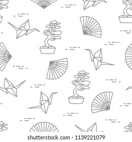Seamless pattern with bonsai trees, origami paper cranes, fans. Travel and leisure. Japan traditional design elements.