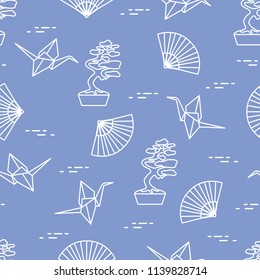 Seamless pattern with bonsai trees, origami paper cranes, fans. Travel and leisure. Japan traditional design elements.