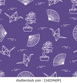 Seamless pattern with bonsai trees, origami paper cranes, fans. Travel and leisure. Japan traditional design elements.