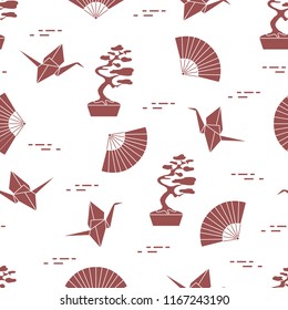 Seamless pattern with bonsai trees, origami paper cranes, fans. Travel and leisure. Japan traditional design elements.
