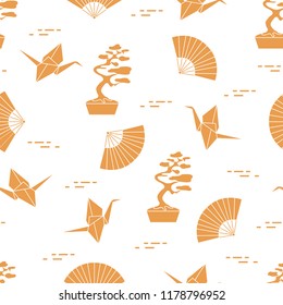 Seamless pattern with bonsai trees, origami paper cranes, fans. Travel and leisure. Japan traditional design elements.