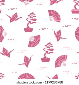 Seamless pattern with bonsai trees, origami paper cranes, fans. Travel and leisure. Japan traditional design elements.