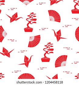 Seamless pattern with bonsai trees, origami paper cranes, fans. Travel and leisure. Japan traditional design elements.