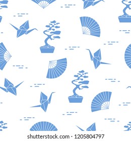 Seamless pattern with bonsai trees, origami paper cranes, fans. Travel and leisure. Japan traditional design elements.