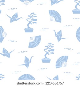 Seamless pattern with bonsai trees, origami paper cranes, fans. Travel and leisure. Japan traditional design elements.