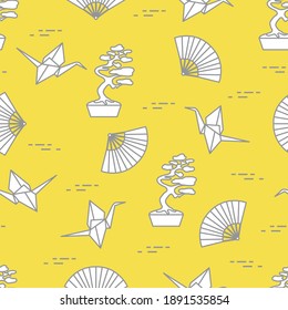 Seamless pattern with bonsai trees, origami paper cranes, fans. Travel and leisure. Japan traditional design elements. Illuminating and Ultimate Gray.