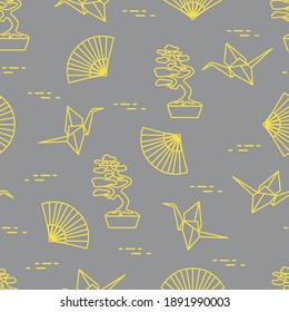Seamless pattern with bonsai trees, origami paper cranes, fans. Travel and leisure. Japan traditional design elements. Illuminating and Ultimate Gray.