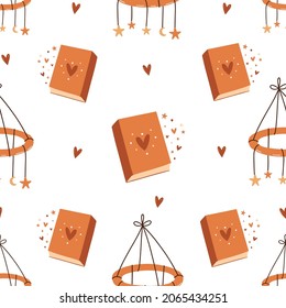 Patrón sin inconvenientes con el libro y el dreamcatcher. La magia sueña.
Antecedentes de los productos textiles para niños