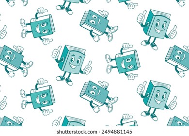 Seamless pattern сartoon book mascots giving thumbs up in turquoise. Great for educational content and textiles.