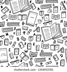 Seamless Pattern Of Book Set In Doodle Style. Sketch Symbols Of Reading Enadless Background. Vector Black And White Design Illustration.