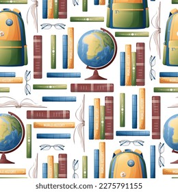 Seamless pattern with books, backpack and globe. School texture. Great for fabric, paper, wallpaper, scrapbooking