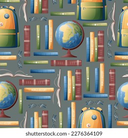 Seamless pattern with books, backpack and globe. School texture. Great for fabric, paper, wallpaper, scrapbooking