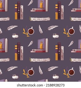 Patrón sin foco con libros, velas, taza de té. Librería, librería, biblioteca, amante de los libros, bibliofilia, concepto educativo. Ilustración vectorial.