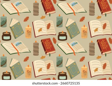 Nahtloses Muster mit Büchern, Kerzen und Blättern. Herbststimmungshintergrund von gemütlichen Elementen