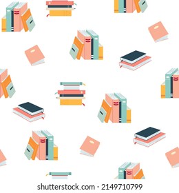 Seamless pattern with books in cartoon flat style. Vector illustration of colorful dictionary, encyclopedias, planner on white background