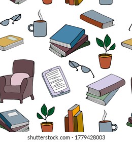 Seamless pattern with books, chair, glasses, e-book, hot drink mug and flower. Vector illustration of a cozy reading on a white background. Design for textiles, packaging, surfaces, etc.  