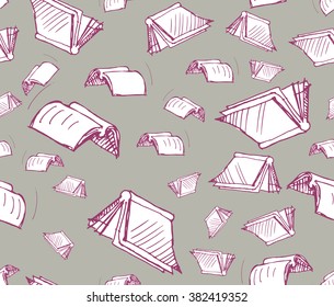 Seamless pattern with books in chaotic order. Vector sketch