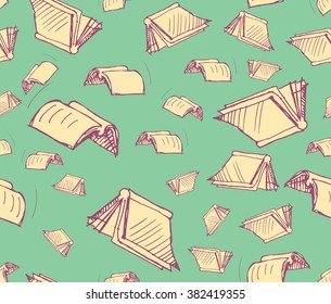 Seamless pattern with books in chaotic order. Vector sketch