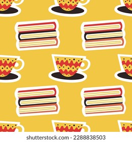 Seamless pattern with books and coffee cups. Modern design for fabric and paper, surface textures.