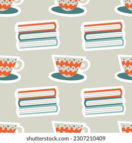 Seamless pattern with books and coffee cups. Modern design for fabric and paper, surface textures.