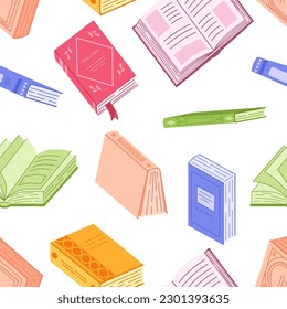 Seamless pattern with books in colorful covers. Textbooks for reading and learning. Hand drawn vector illustration isolated on white background.