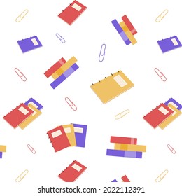 Seamless pattern of books and copybooks. Collection of copybooks. Stack of books. Paper clips. School supplies. Vector illustration 8 eps