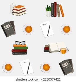 Seamless pattern with books, cups of tea, glasses and plants. Vector illustration.