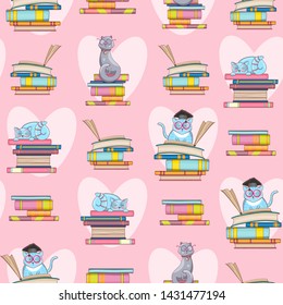 Seamless pattern of books and cute clever cats. Doodle illustration. Cartoon background. Vector
