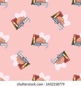 Seamless pattern of books and cute clever cats. Doodle illustration. Cartoon background. Vector