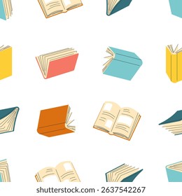  Seamless pattern of books. Cute hand drawn different stacks and piles of books, open and closed books isolated on white background. 