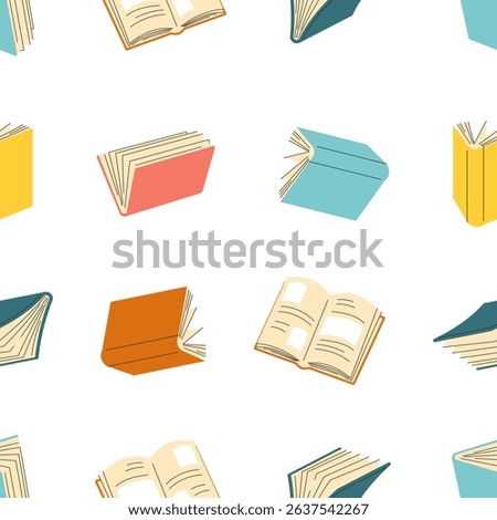  Seamless pattern of books. Cute hand drawn different stacks and piles of books, open and closed books isolated on white background. 