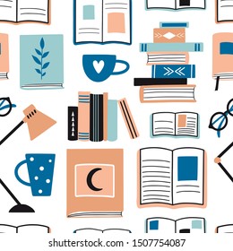 Seamless pattern with books and decorative design elements. Cute stacked books, glasses, lamp, cups. Love reading texture. Library, study concept. Flat cartoon colorful vector background