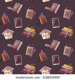 Seamless pattern with books, decorative house. Bookstore, bookshop, library, book lover, bibliophile, education concept. Vector illustration.