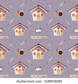 Seamless pattern with books,  decorative house, candle, feather. Bookstore, bookshop, library, book lover, bibliophile, education concept. Vector illustration.