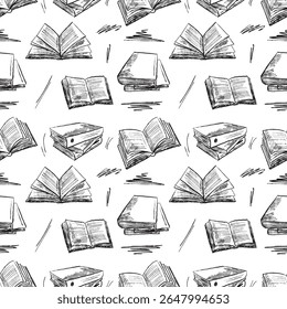 Seamless pattern with books, diary, notebook with pages. Go back to school, library atmosphere in brush stroke texture. Hand drawn vector sketch illustration in vintage charcoal ink style