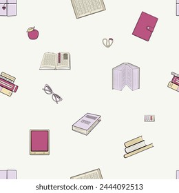 Seamless pattern of books, e-book, glasses, apple.