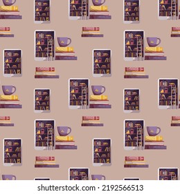 Seamless pattern with books, e-book reader, cup of tea. Bookstore, bookshop, library, book lover, bibliophile, education concept. Vector illustration.