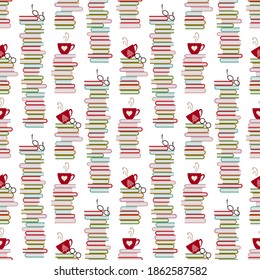 Seamless pattern with books, eye glasses, tea, hot chocolate and coffee love. Winter reading book holiday cozy home background print