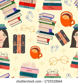 Seamless pattern with books girl,tea,glasses,headphones.