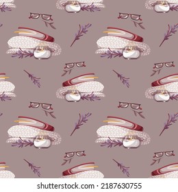 Seamless pattern with books, glasses, blanket, candle. Bookstore, bookshop, library, book lover, bibliophile, education concept. Vector illustration.