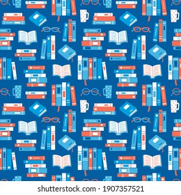 Seamless pattern with books, glasses and mugs on dark blue background. Reading themed hand drawn vector illustration.