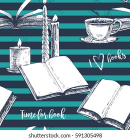 Seamless pattern with books. Hand drawn vector background. Retro sketches. Vintage style. Vector illustration.