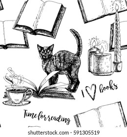 Seamless pattern with books. Hand drawn vector background. Retro sketches. Vintage style. Vector illustration.